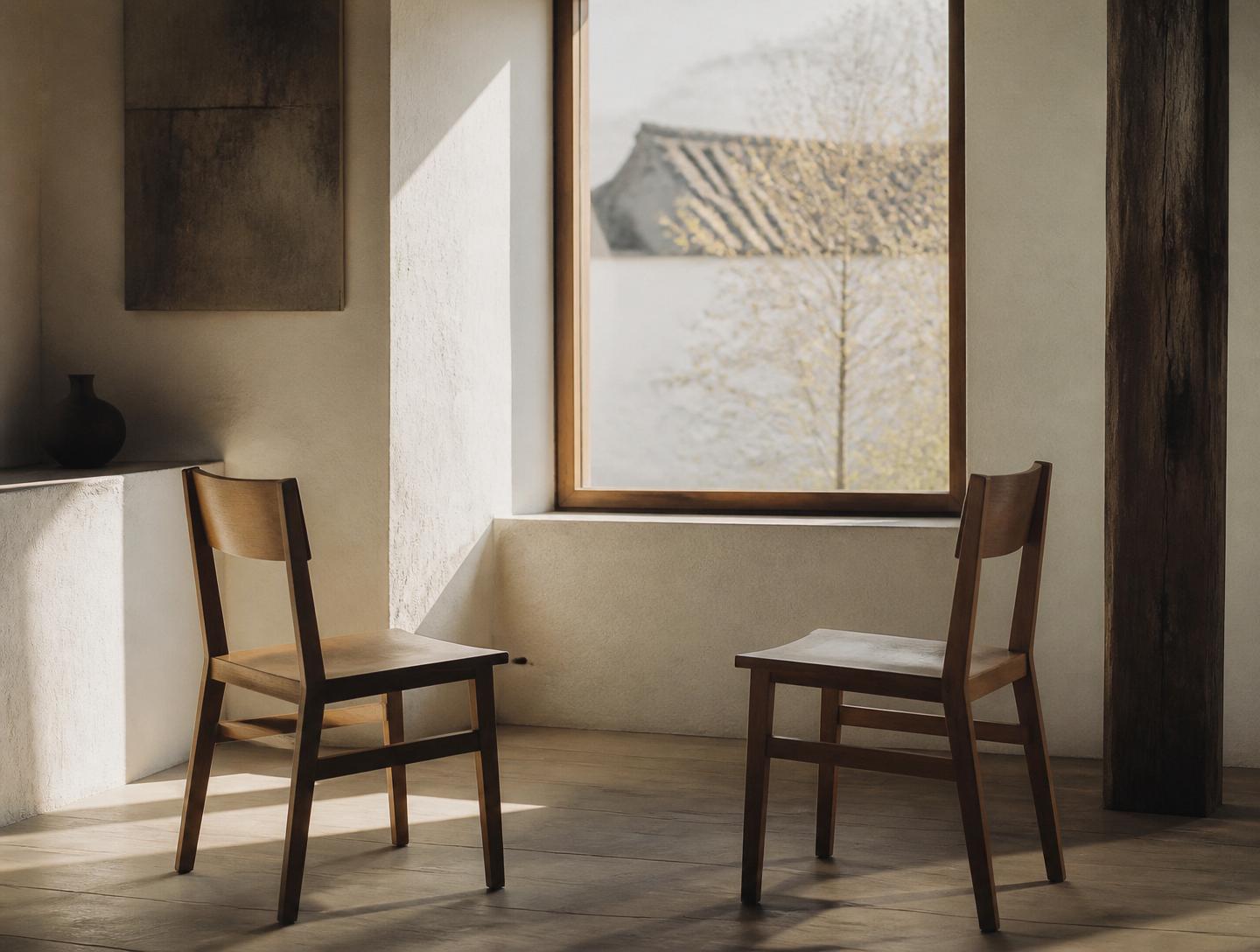 A calm minimal interior with a chair and morning light