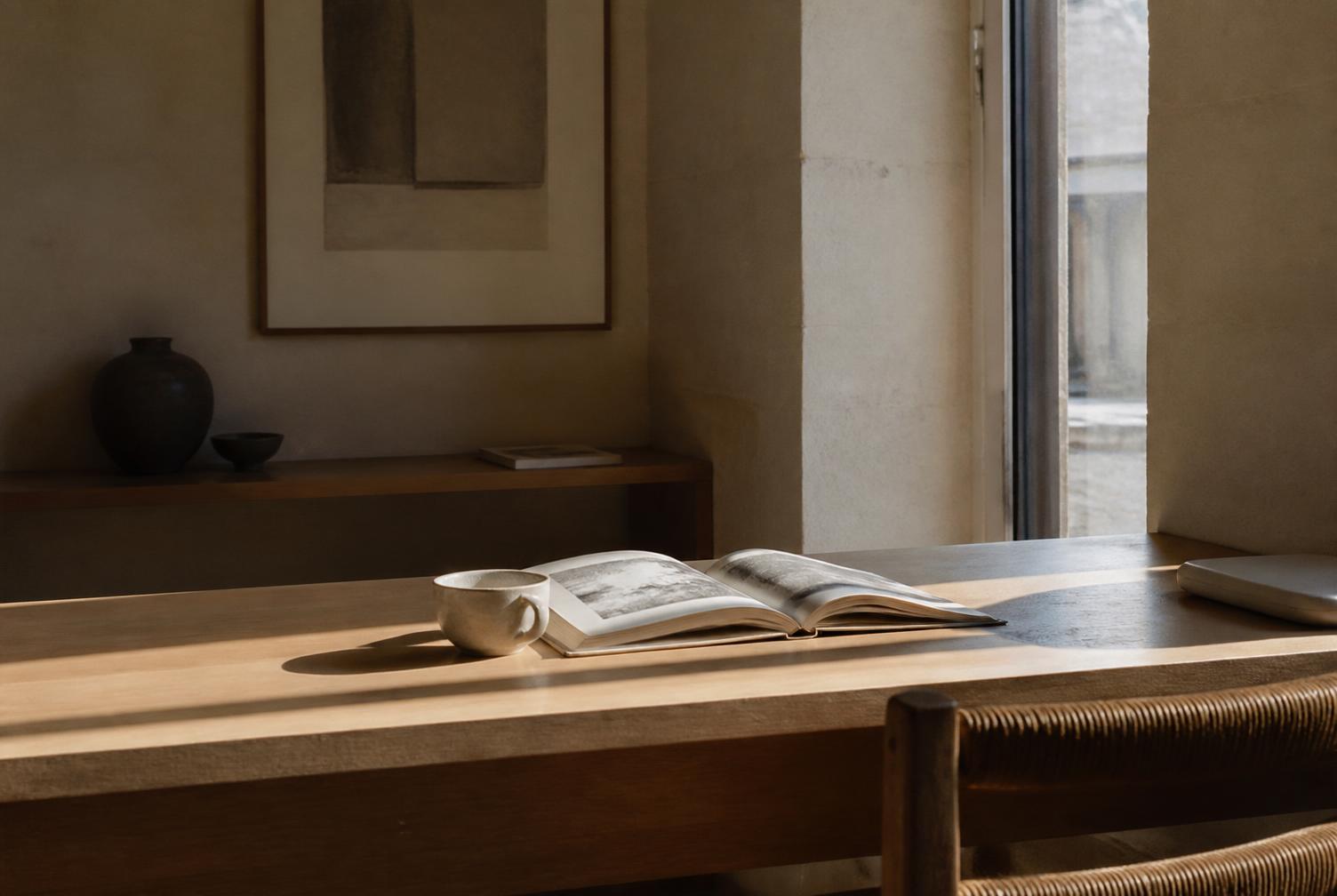 A quiet writing desk beside a window in warm natural light