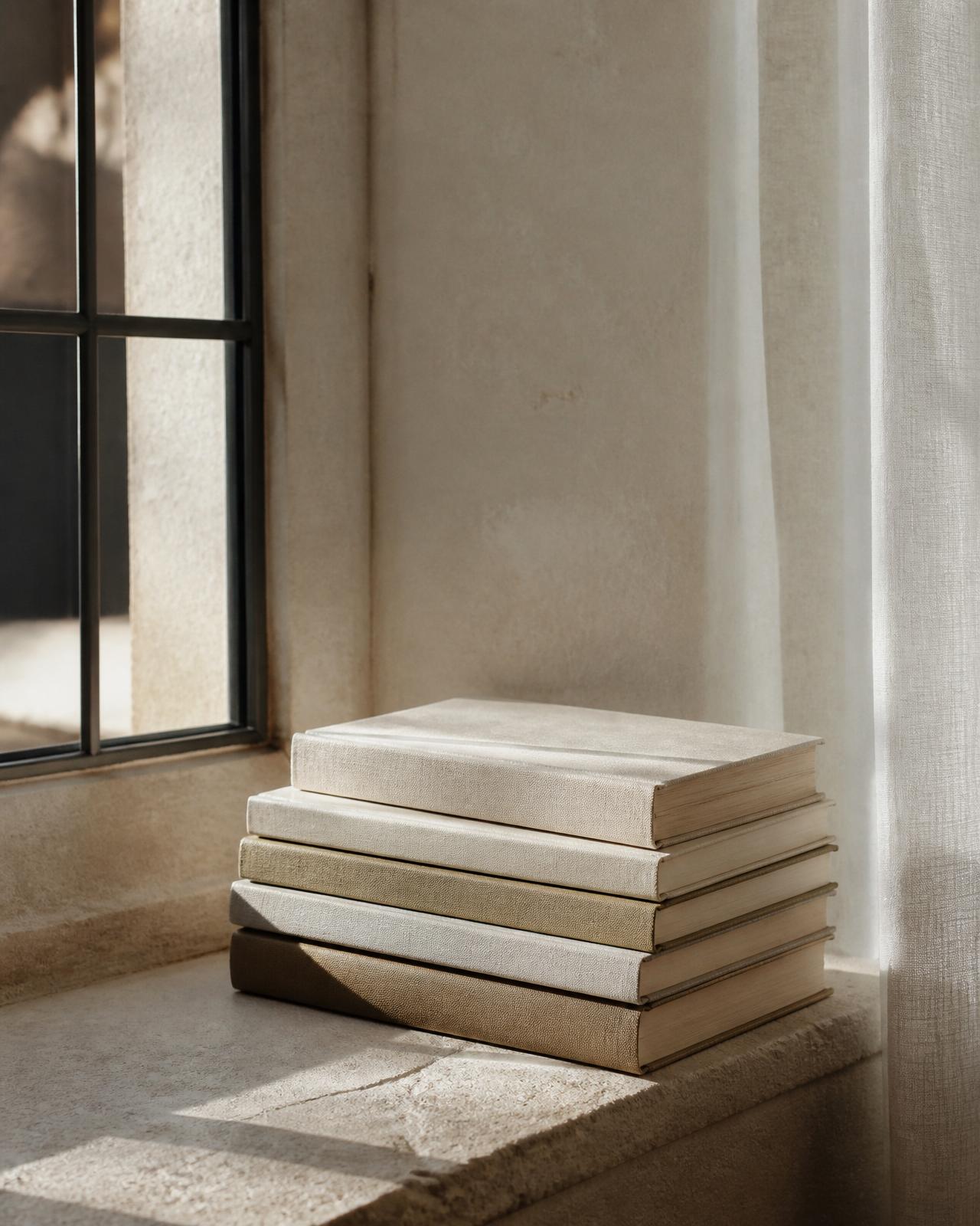Books stacked on a windowsill in warm afternoon light