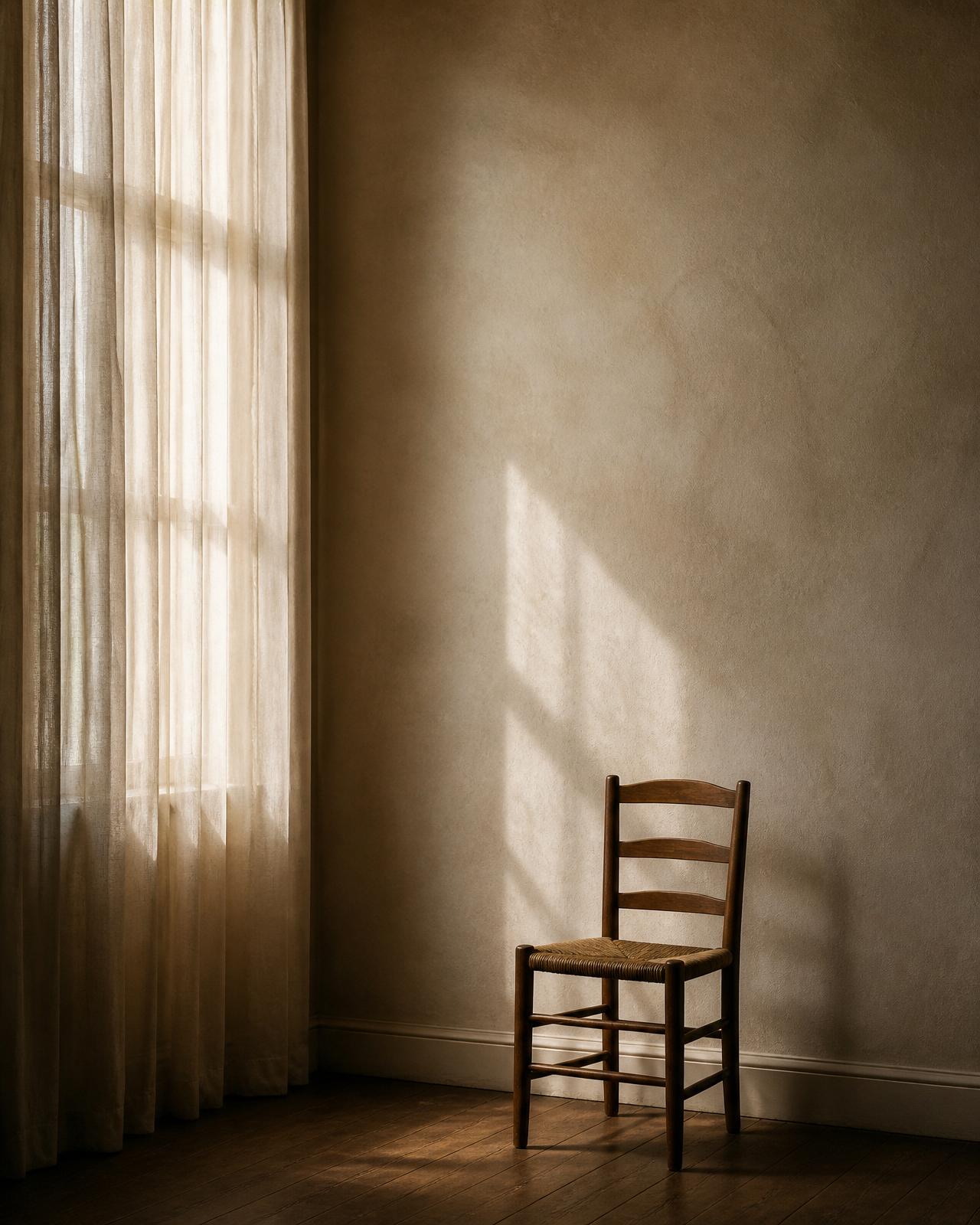 A single wooden chair beside a tall curtained window in soft daylight